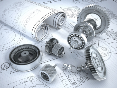 Engineering drawings with machined gears and bearings